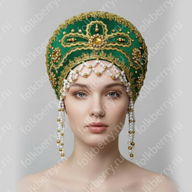 Кокошник Отрада, зеленый с золотом- фото 1